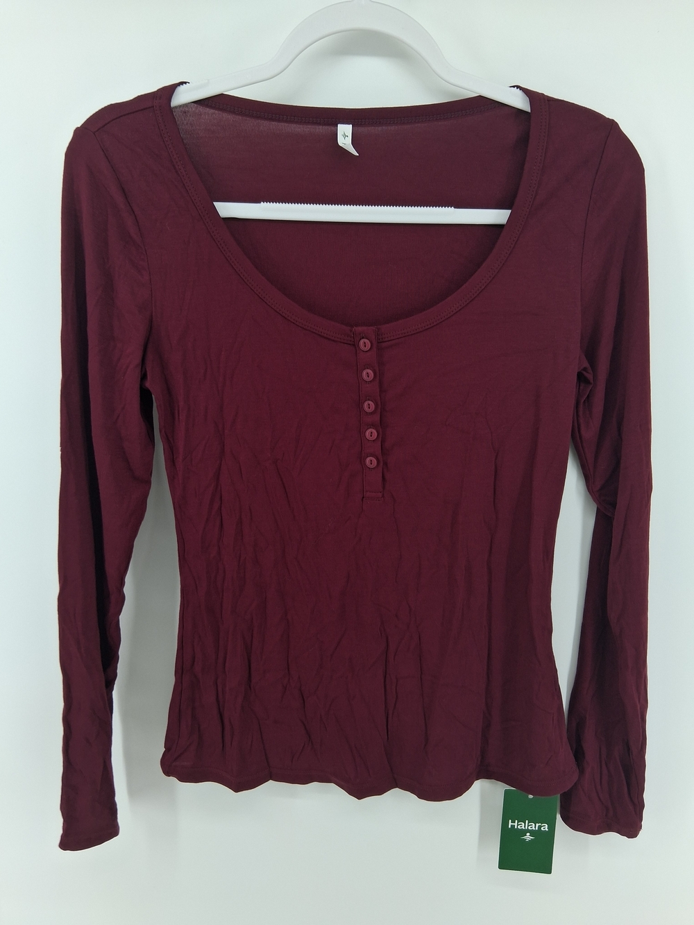 HALARA Long Sleeve Henley Scoop Neck Top - Burgundy